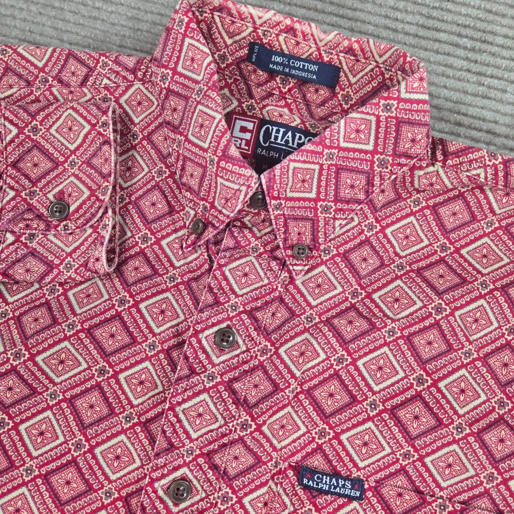 Chaps Ralph Lauren Mens M Red Geometric Diamond Print Cotton Button Down Shirt